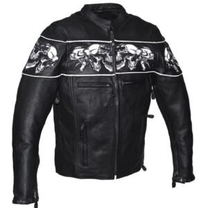 Racer Leather Jacket with Reflective Skulls and Concealed Carry Pocket - SKU MJ825-11-DL