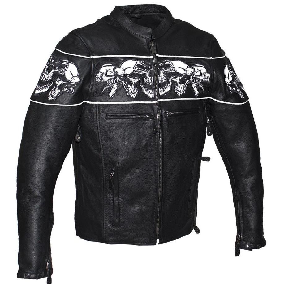 Racer Leather Jacket with Reflective Skulls and Concealed Carry Pocket - SKU MJ825-11-DL