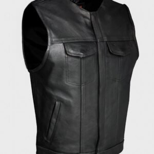 Leather Motorcycle Vest - Men's - Black - Pleated Club - MV8024-ZIP-11-DL