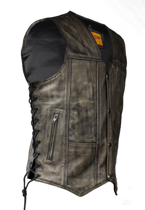 Leather Motorcycle Vest - Men's - Distressed Brown - 10 Pocket - MV310-12-DL - Image 2
