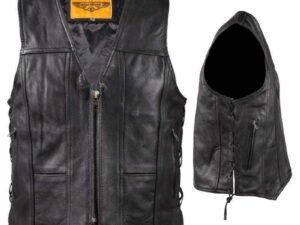 Leather Motorcycle Vest - Men's - Zipper Front - Ten Pockets - Side Laces - MV310-ZIP-SS-DL