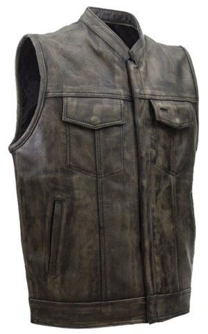 Leather Motorcycle Vest - Men's - Distressed Brown - Club - MV320-ZIP-12-DL