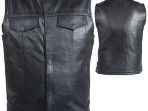 Mens Leather Motorcycle Club Vest with Zipper and No Collar / SKU MV8008-ZIP-SS-DL