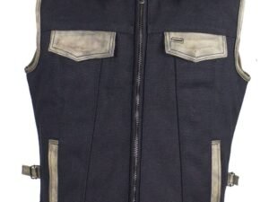 Canvas and Leather Motorcycle Vest - Men's - Distressed Brown - MV8010-CV12-DL