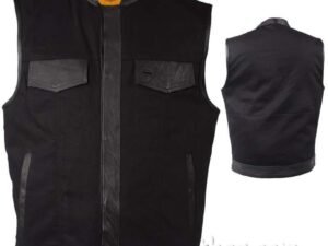 Mens Black Denim Club Vest with Leather Trim - SKU MV8019-ZIP-BD-DL