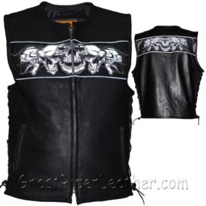 Leather Motorcycle Vest - Men's - Reflective Skulls - Gun Pockets - MV8025-11-DL