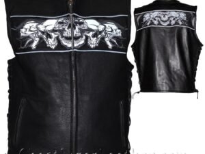 Mens Leather Vest with Night Reflective Skulls and Concealed Carry Pockets / SKU MV8025-DL