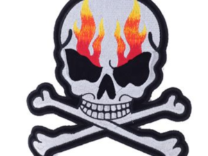 Silver Metallic Skull Crossbones with Flames Patch - Vest Patch - PAT-A15-DL