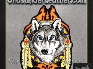 Large Wolf Head with Feathers and Blue Eyes Patch / SKU GRL-PAT-A50-DL