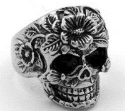 Flower Face Sugar Skull Biker Ring - Stainless Steel - Biker Jewelry - Biker Ring - R111-DS