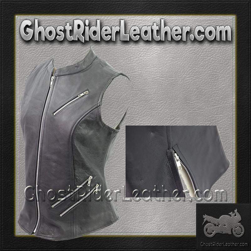 Leather Motorcycle Vest - Women's - Zipper - VL1028-VL - Image 2