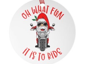 Christmas Ornament - Santa - Motorcycle - Red - Green - Round - Metal Ornaments
