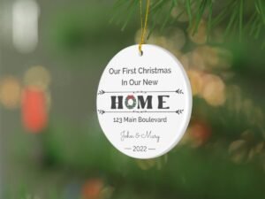 Custom New Home Ceramic Ornament - Christmas Wreath - Personalized