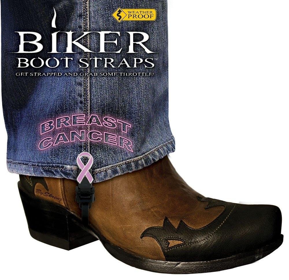 Pair of Biker Boot Straps - 4 Inch - Breast Cancer Ribbon - Motorcycle - BBS-BC4-DS