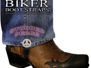 Pair of Biker Boot Straps - 4 Inch - Studded Peace Sign - Motorcycle - BBS-SP4-DS