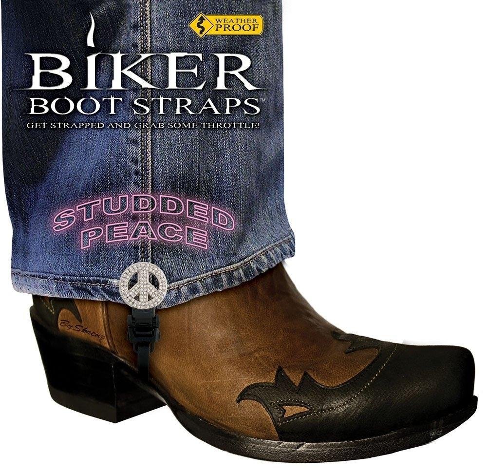 Pair of Biker Boot Straps - 4 Inch - Studded Peace Sign - Motorcycle - BBS-SP4-DS