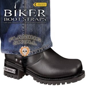 Pair of Biker Boot Straps - 6 Inch - Flaming Skull - Motorcycle - BBS-FS6-DS
