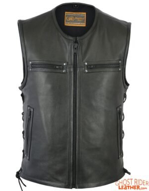 Leather Motorcycle Vest - Men's - Up To Size 6XL - Side Laces - 10 Pocket - Big and Tall - Faster Lane - RC146-RC