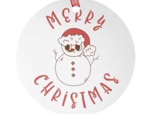 Merry Christmas Ornament - Snowman - Red - Green - Round - Metal Ornaments