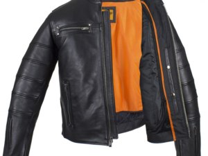 Black Pleated Racer Leather Jacket with Concealed Carry Pockets - SKU MJ828-DL