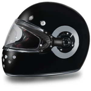 DOT Motorcycle Helmet - Retro Hi Gloss Black - Full Face - Chrome Accents - R1-A-DH