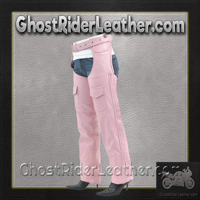 Ladies Pink Leather Motorcycle Chaps With Braid Design - SKU C326-PINK-DL