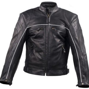 Men's Motorcycle Leather Jacket - Reflective Piping - MJ780-BLK-DL