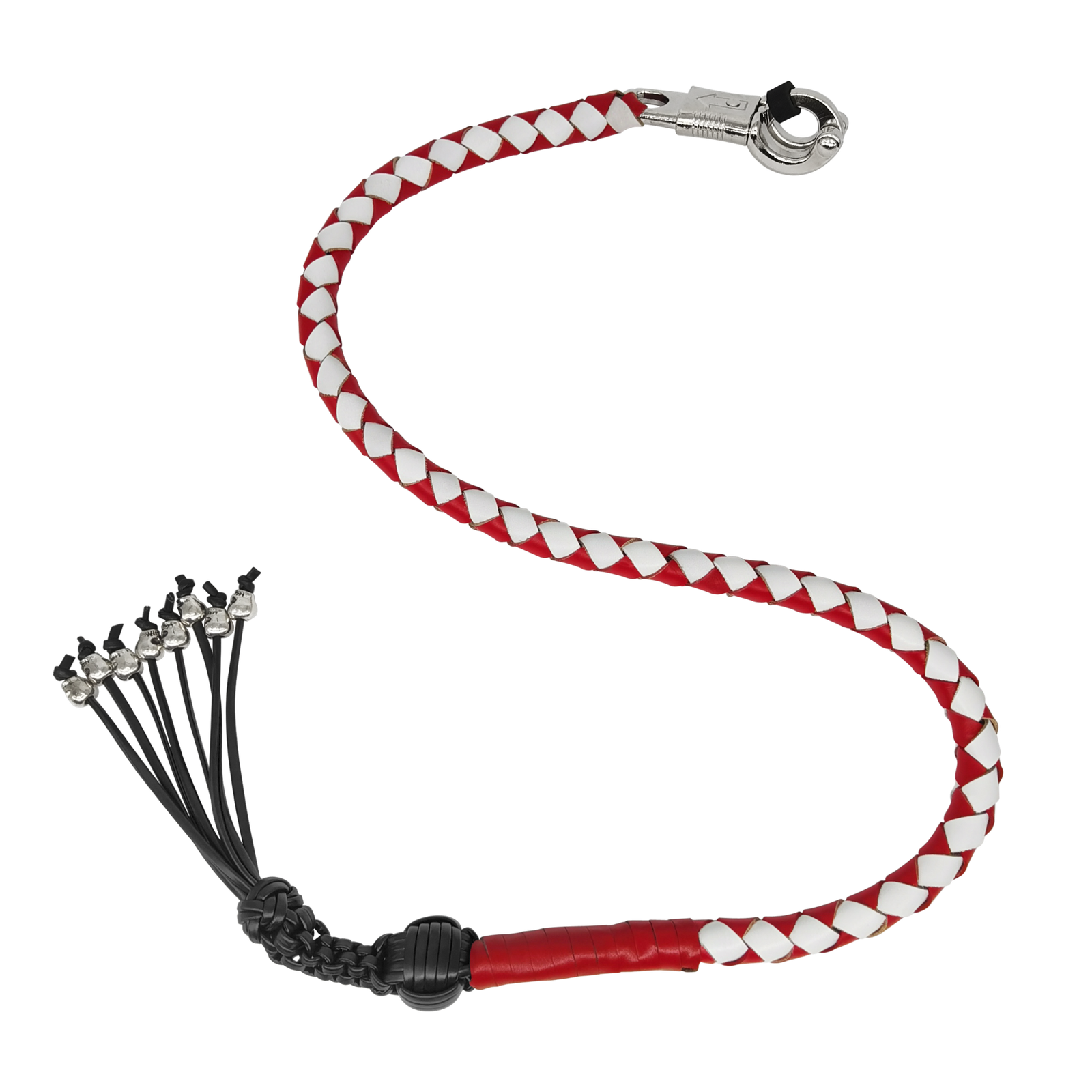 Get Back Whip - Red and White Leather - 36 Inches - Monkey Fist and Skulls - Motorcycle Accessories -  FGBW12-HS-DL