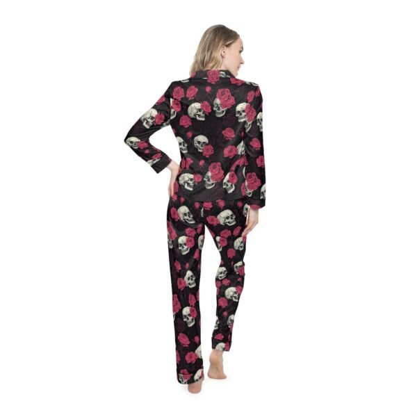 Skulls and Roses - Pink White on Black - Women's Satin Pajamas (AOP)