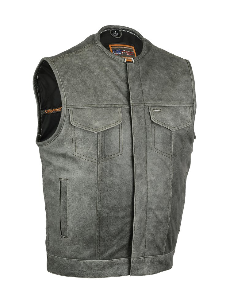 Leather Motorcycle Vest - Men's - Gray - Gun Pockets - Up To 12XL - DS191V-DS