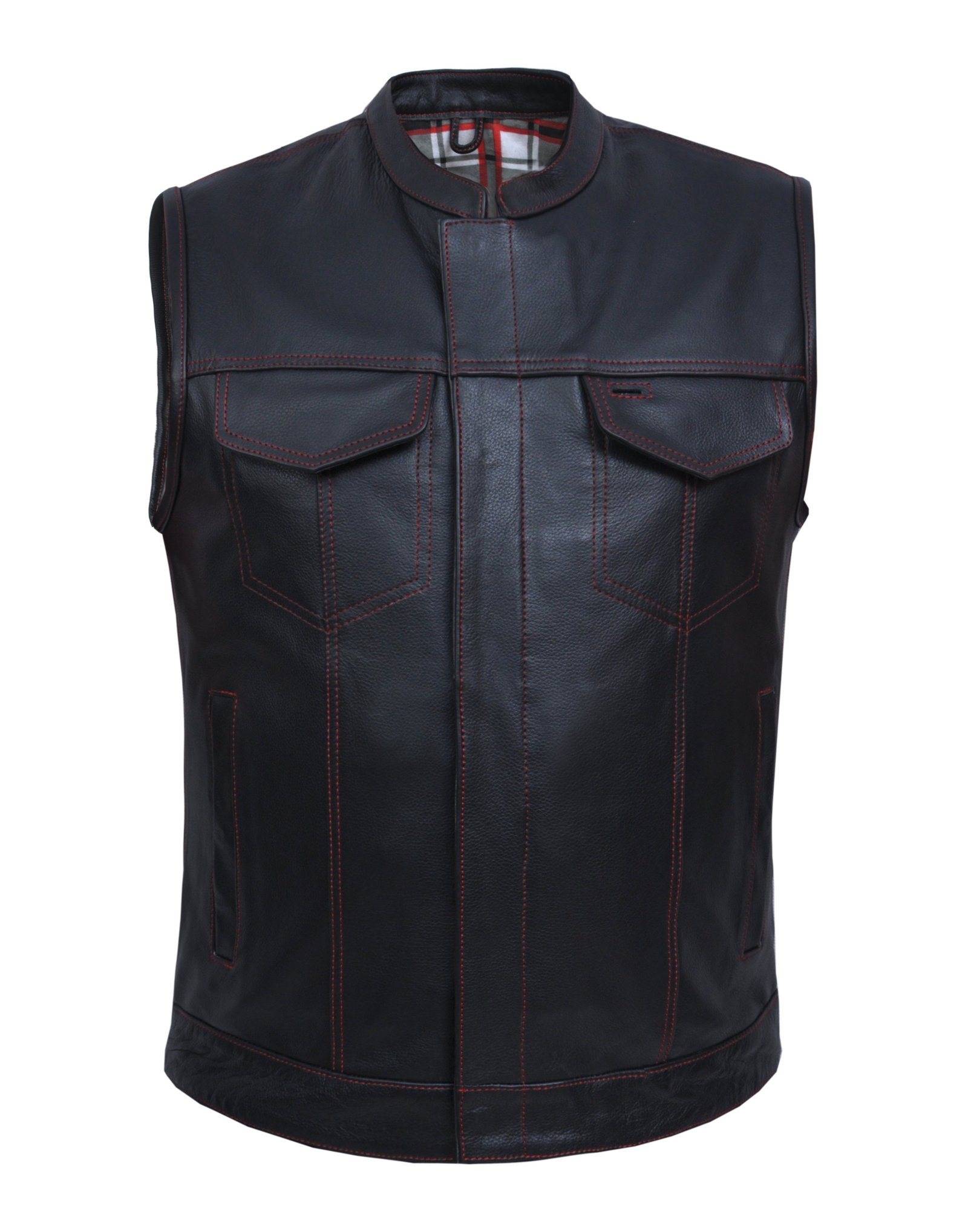 Leather Motorcycle Vest - Men's -  Black and Red Flannel Liner - 6664-01-UN