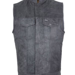 Gray Leather Motorcycle Vest - Men's - Club Style - Up To 64 - MR-MV7320-ZIP-16-DL
