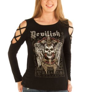 Women's Cold Shoulder Devilish Raven Shirt - Open Sleeves - 7697BLK-DS