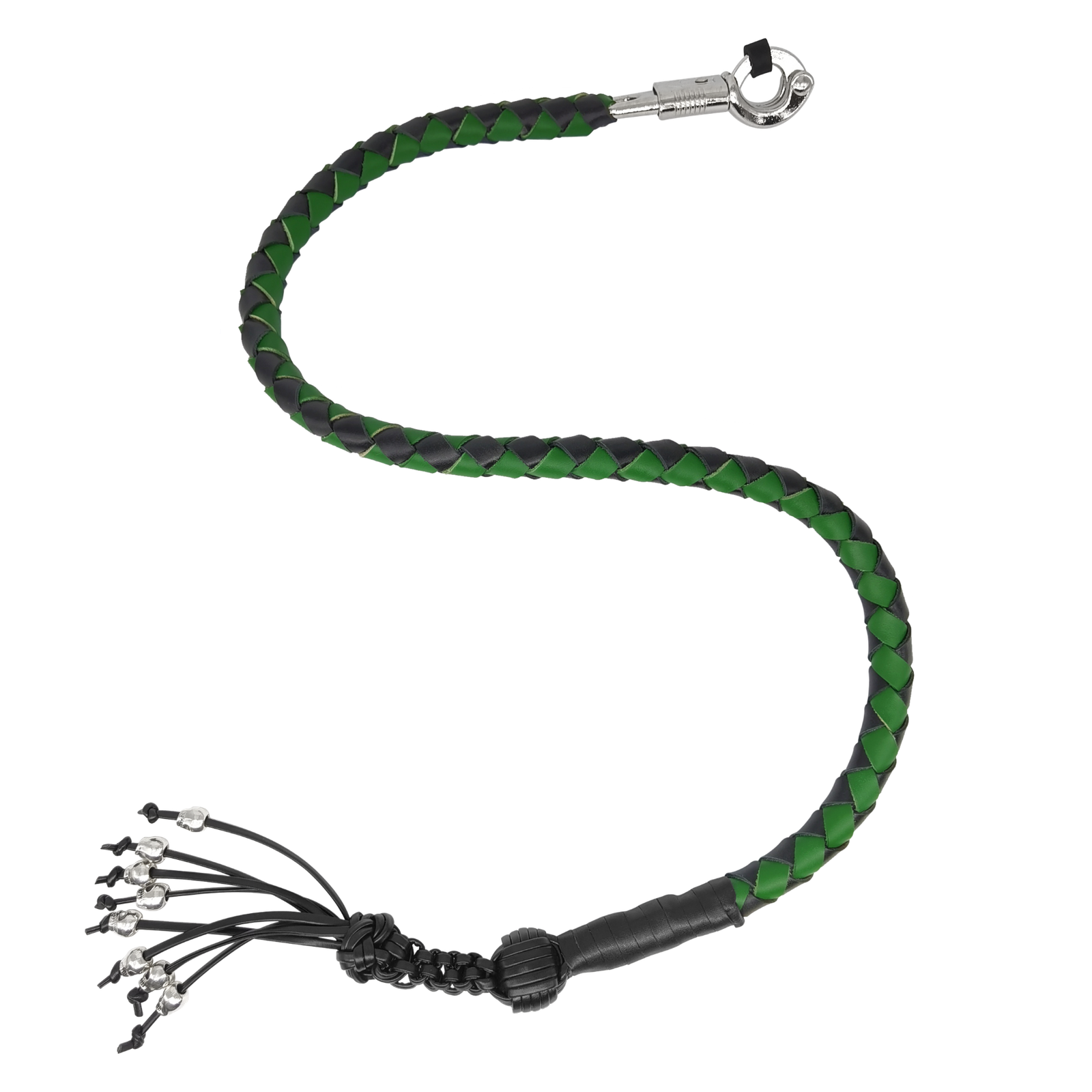 Get Back Whip - Black and Green Leather - 36 Inches - Monkey Fist and Skulls - Motorcycle Accessories - FGBW4-HS-DL