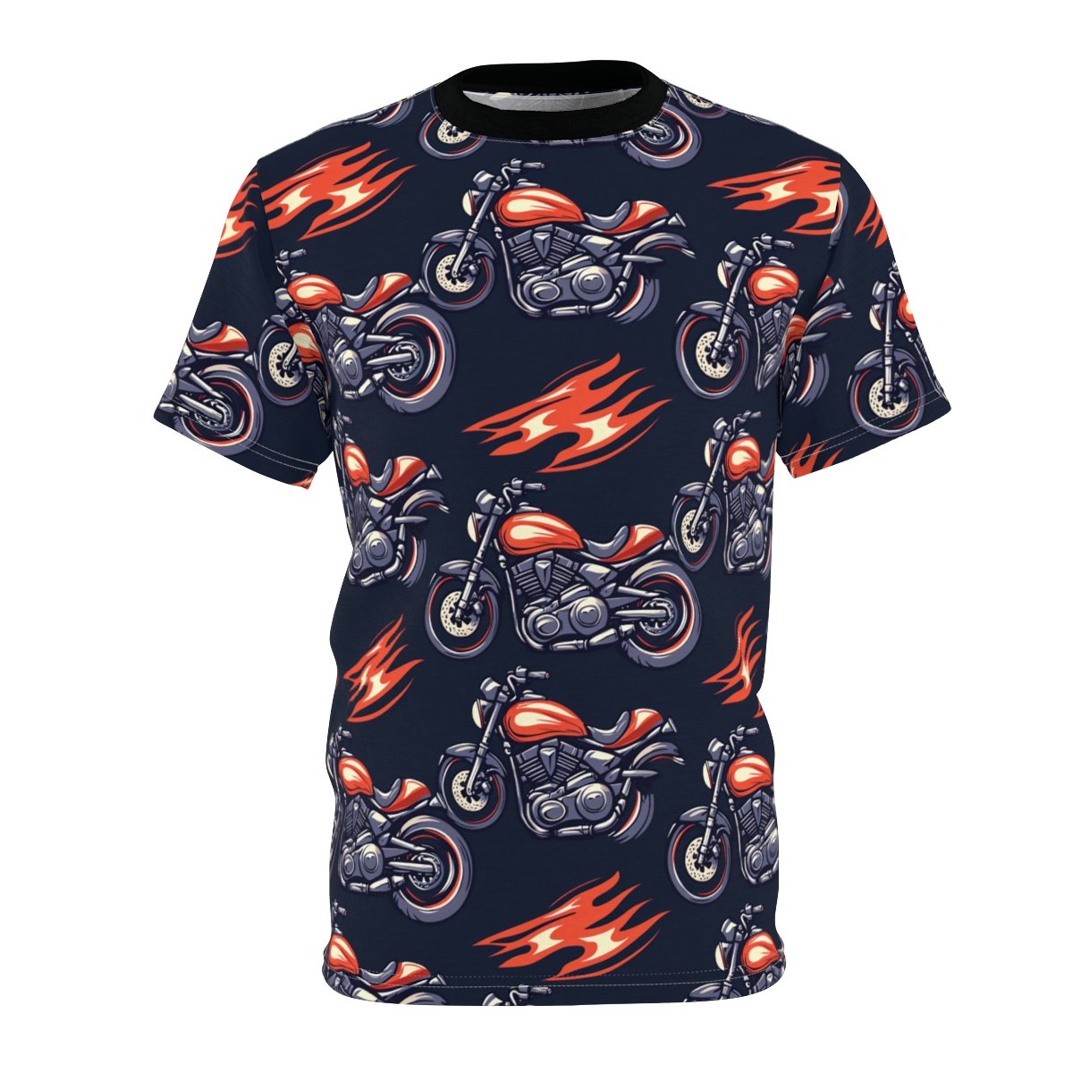 Motorcycle and Flames - Red White on Black - Unisex Cut & Sew Tee (AOP)