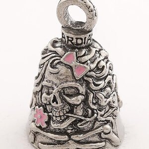 Lady Skull With Pink Bow & Flowers - Pewter - Motorcycle Guardian Bell® - Made In USA - SKU GB-LADY-SKULL-W-DS