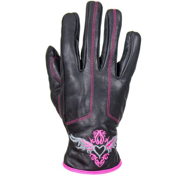 Leather Riding Gloves - Women's - Pink Embroidery - Full Finger - Motorcycle - GLZ106-EBL1-PINK-DL