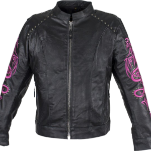 Ladies Racer Leather Jacket With Studs and Hot Pink Sleeve Design - SKU LJ7018-HOTPINK-11-DL