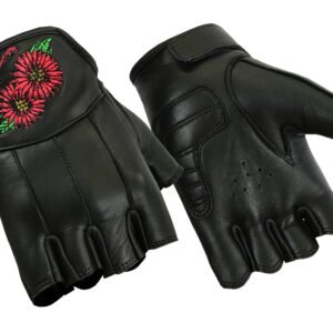 Leather Motorcycle Gloves - Women's - Fingerless - Embroidered Flowers - DS36-DS