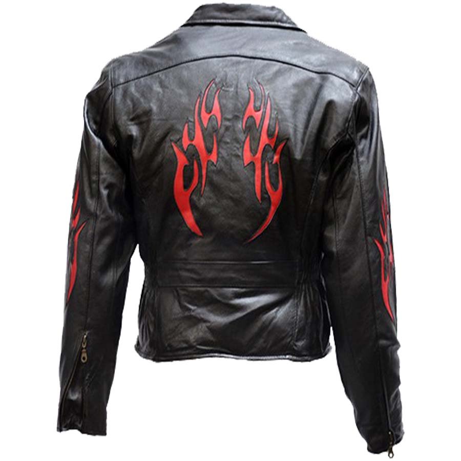 Leather Motorcycle Jacket - Women's - Red Flames - LJ254-DL