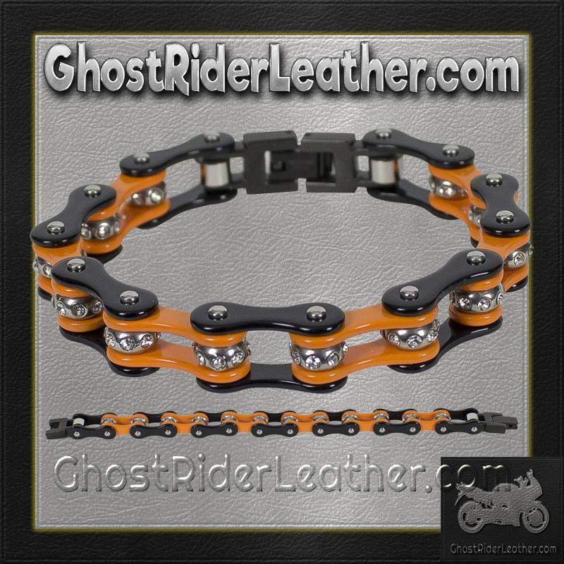 Black and Orange Motorcycle Chain Bracelet with Gemstones - SKU GRL-BR36-DL