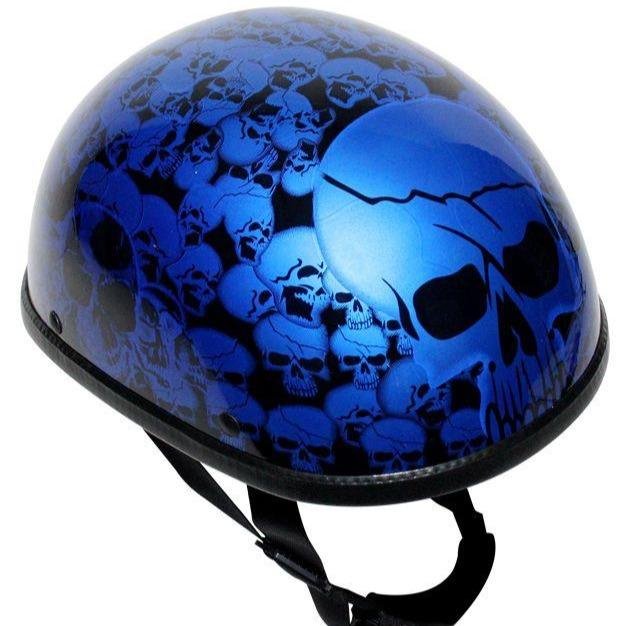 Novelty Motorcycle Helmet - Blue Skull Boneyard - Shorty - H6401-BLUE-DL Size Chart.