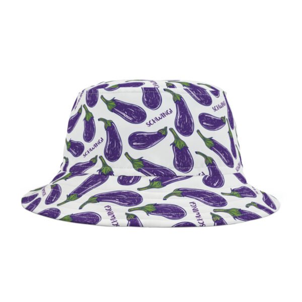 Doodle Eggplant Emoji - Text Schwing - Purple Green on White - Biker Bucket Hat