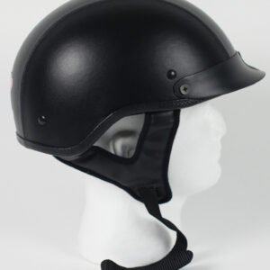 DOT Black Leather Motorcycle Shorty Helmet - Biker Lid - SKU 1L-HI.

FEATURES:

DOT Approved for safety.
Shorty half helmet with visor.
Lightweight, weighs approximately 30 ounces.
EPS liner thickness - 1 inch.
Quality plush interior.
Removable visor.
Stainless Steel Dual D-ring retention system.
Face shield compatible.
DOT clear coated in the back.
Free shipping.