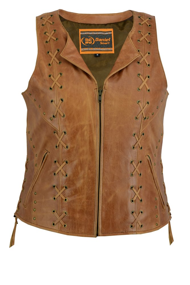 Women's Ultra Soft Brown Leather Vest - Lacing Design - SKU DS236-DS