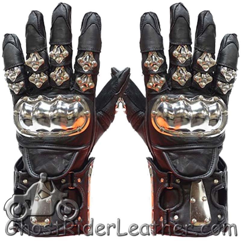 Leather Gloves - Men's - Racing Gauntlets - Metal Knuckle Protectors - GLZ8-DL