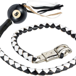 Get Back Whip - Black and White Leather - With Black 8 Ball - 42 Inches - SKU GBW7-BALL8-DL