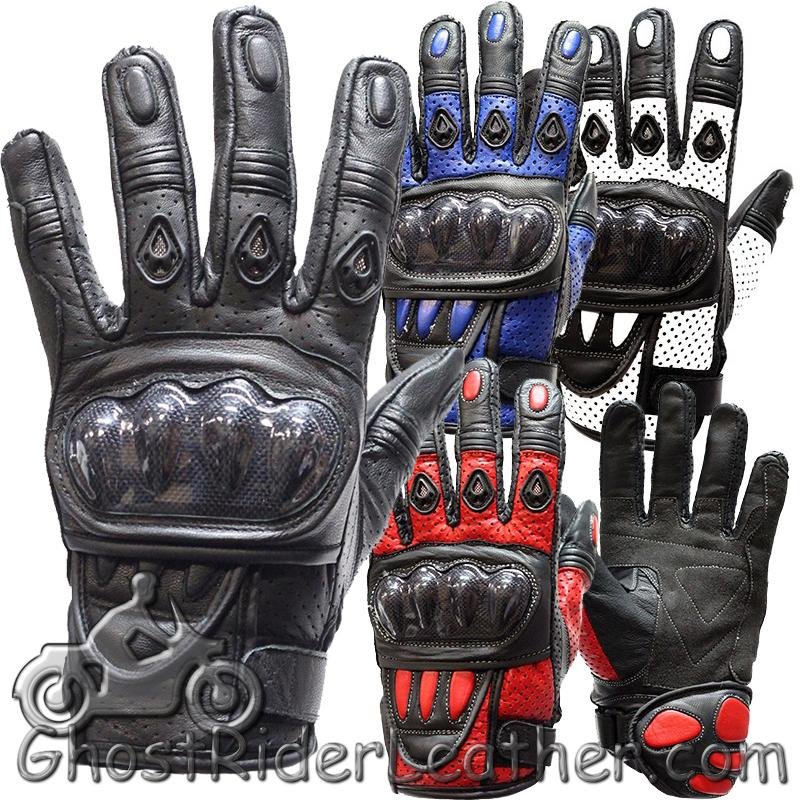 Leather Gloves - Men's - Red - White - Blue - Black - Knuckle Protector -GLZ36-DL