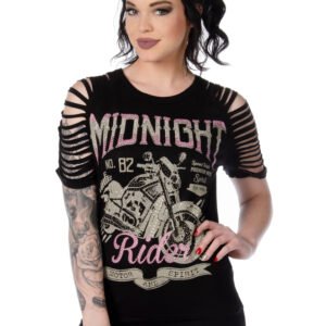 Women's Sliced Sleeve Shirt - Midnight Rider Graphic - Motorcycle - 7646BLK-DS