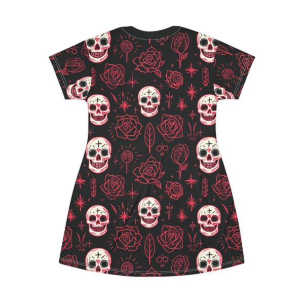 Skulls and Roses - Pink White on Black - T-Shirt Dress (AOP)